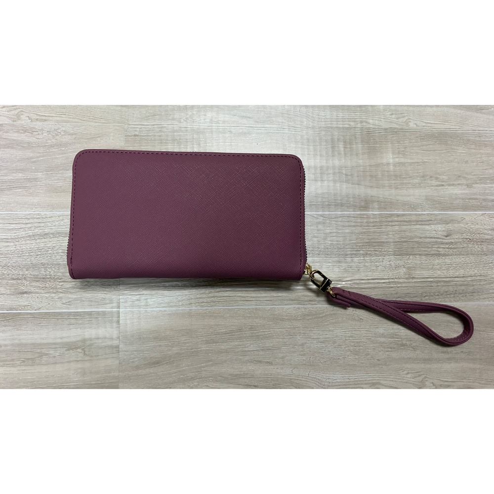 Betsey Johnson Bow Zip Around Wristlet Wallet Mauve Plum Saffiano Faux Leather - Picture 2 of 7